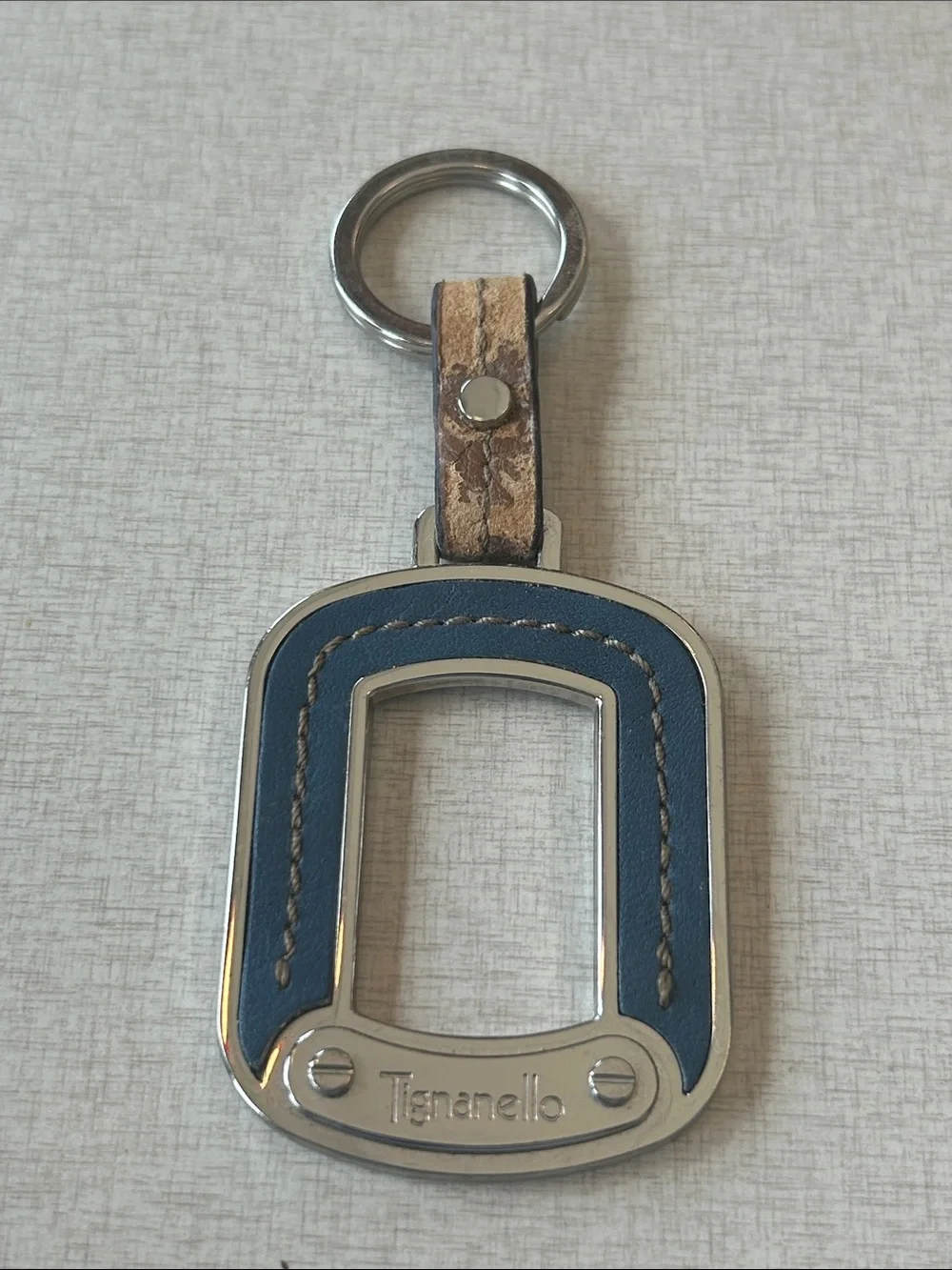 Tignanello Blue Leather and Brown Strap Metal Key Fob